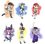  1boy 5girls :d :q :t absurdres ahoge altera_(fate) animal_ears arm_up arms_up artoria_pendragon_(all) assassin_(fate/stay_night) bangs baseball baseball_cap baseball_glove black_footwear black_headwear black_legwear black_shorts blonde_hair blue_eyes blue_headwear blush braid brown_eyes brown_hair closed_mouth commentary_request curled_horns dark_skin dragon_girl dragon_horns dragon_tail dress_shirt elbow_pads elizabeth_bathory_(fate) elizabeth_bathory_(fate)_(all) eyebrows_visible_through_hair fang fate/extra fate/grand_order fate/stay_night fate_(series) fujimura_taiga gloves green_eyes hair_between_eyes hair_bun hair_ribbon hair_through_headwear hakama hat high_ponytail highres holding_baseball_bat horns jako_(jakoo21) japanese_clothes kneehighs long_hair multiple_girls nero_claudius_(fate) nero_claudius_(fate)_(all) open_mouth pantyhose parted_lips pink_hair pleated_skirt ponytail purple_eyes purple_hair purple_hakama purple_headwear purple_legwear purple_ribbon red_eyes red_headwear ribbon saber shirt shoes short_shorts short_sleeves shorts sidelocks skirt smile standing standing_on_one_leg striped striped_shirt tail tongue tongue_out two_side_up v-shaped_eyebrows veil vertical-striped_shirt vertical_stripes very_long_hair white_background white_gloves white_hair white_shirt white_shorts white_skirt wide_sleeves 