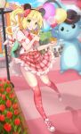  1girl amusement_park animal_ears backpack bag black_headwear blonde_hair blurry blurry_background blush bow bunny_ears commentary_request day eyebrows_visible_through_hair flower food frills green_backpack hair_bow hair_ornament hat heart holding holding_food long_hair looking_at_viewer mascot_costume original outdoors pink_skirt plaid plaid_skirt puffy_short_sleeves puffy_sleeves red_bow red_flower rose shoes short_sleeves skirt solo_focus tongue tongue_out yellow_eyes yuhi_(hssh_6) 