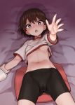  1girl :o absurdres aomushi_(mushamusha) bangs bed_sheet bike_shorts black_shorts blurry blurry_foreground breasts bright_pupils brown_eyes brown_hair cameltoe commentary_request depth_of_field eyebrows_visible_through_hair foreshortening from_above frown girls_und_panzer gluteal_fold groin gym_shirt gym_uniform highres isobe_noriko looking_at_viewer lying navel no_bra on_back on_bed open_mouth pillow reaching_out restrained shadow shirt shirt_lift short_hair short_shorts short_sleeves shorts small_breasts solo_focus t-shirt tearing_up underboob white_pupils white_shirt 