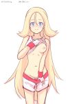  1girl belly blonde_hair blue_eyes blush boogerkim breasts creatures_(company) eyebrows game_freak gym_leader highres koruni_(pokemon) long_hair nintendo pokemon pokemon_(game) pokemon_xy pussy shirt shorts simple_background smile solo stomach very_long_hair white_background 