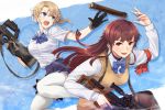  2girls armband bangs black_legwear blonde_girl_(itou) blue_bow blue_eyes blue_skirt blunt_bangs bow breasts brown_eyes brown_hair bullpup catching collared_shirt embers gloves gun hair_bow holding holding_gun holding_weapon itou_(onsoku_tassha) long_hair long_sleeves looking_at_another magazine_(weapon) multiple_girls open_mouth original p90 pleated_skirt ponytail red_armband school_uniform shirt short_sleeves sidelocks skirt smile straight_hair submachine_gun sweater_vest thighhighs tossing trigger_discipline v-shaped_eyebrows weapon weapon_request white_legwear white_shirt 