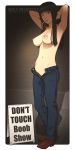  1girl absurdres armpits arms_behind_head black_eyes black_hair boots breasts cigarette cleavage commentary_request denim groin highres jeans long_hair looking_at_viewer navel nipples no_panties open_fly open_pants original pants shinchou_ni_kansuru_kousatsu solo topless unzipped 