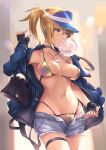  1girl ahoge artoria_pendragon_(all) bag bangs bikini blonde_hair blue_coat blue_eyes blue_headwear breasts bubble_blowing cellphone choker cleavage coat collarbone commentary_request cowboy_shot denim denim_shorts earphones eyebrows_visible_through_hair fate/grand_order fate_(series) fingerless_gloves glasses gloves gold_bikini hair_between_eyes hat highleg highleg_bikini holding holding_bag holding_phone jewelry large_breasts light_particles long_hair mysterious_heroine_xx_(foreigner) navel necklace open_clothes open_coat open_fly parfaitlate phone ponytail shorts sidelocks signature smartphone solo swimsuit thigh_strap toned visor_cap wet yellow_eyes 