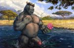  4_fingers anthro balls biceps body_hair common_hippopotamus detailed_background erection eyebrows flower grey_skin hairy_balls hippopotamid holding_flower holding_object humanoid_penis looking_at_viewer madagascar_(series) male mammal moto_moto musclegut nipples overweight overweight_male partially_submerged pecs penis plant red_eyes shaneinvasion solo unibrow vein veiny_penis water 