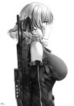  1girl bangs bare_shoulders black_ribbon breasts detached_sleeves eyebrows_visible_through_hair from_side girls_frontline gun hair_ribbon highres large_breasts lolicept long_hair looking_afar red_eyes ribbon shotgun signature simple_background sleeveless_jacket solo spas-12 spas-12_(girls_frontline) spot_color twintails upper_body weapon white_background 