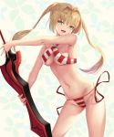  1girl :d absurdres bangs bikini blonde_hair breasts cleavage eyebrows_visible_through_hair fate/grand_order fate_(series) floating_hair gluteal_fold green_eyes hair_intakes highres holding holding_sword holding_weapon long_hair looking_at_viewer navel nekobell nero_claudius_(fate)_(all) nero_claudius_(swimsuit_caster)_(fate) open_mouth side-tie_bikini sideboob smile solo standing striped striped_bikini swimsuit sword twintails underboob very_long_hair weapon 
