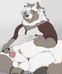  anthro balls canid canine clothed clothing erection humanoid_penis iriedono looking_at_viewer male mammal open_mouth overweight overweight_male pants_down partially_clothed penis pubes raccoon_dog smile solo tanuki underwear underwear_aside 