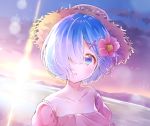  1girl alternate_costume bare_shoulders blue_eyes blue_hair collarbone flower hair_flower hair_ornament hair_over_one_eye hat melings_(aot2846) ocean re:zero_kara_hajimeru_isekai_seikatsu rem_(re:zero) solo straw_hat sun sunset upper_body x_hair_ornament 