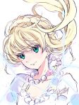  aldnoah.zero asseylum_vers_allusia blonde_hair braid breasts cleavage collarbone crown_braid dated dress eyebrows_visible_through_hair floating_hair green_eyes jewelry long_hair looking_at_viewer medium_breasts necklace signature sketch smile white_dress yukinami_(paru26i) 