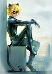  1boy adrien_agreste alempe animal_ears blonde_hair bodysuit cat_ears chat_noir city day gloves green_eyes highres looking_at_viewer male_focus mask miraculous_ladybug outdoors short_hair sitting sky solo tail 