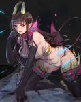  1girl :d ane_naru_mono black_hair bow_(bhp) breasts chiyo_(ane_naru_mono) cleavage eyebrows_visible_through_hair horns kneeling long_hair mole mole_under_eye navel open_mouth purple_eyes smile solo tail thighhighs very_long_hair 