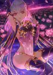  1girl aochoku bangs bare_shoulders breasts covered_navel detached_sleeves dress earrings fate/grand_order fate_(series) field flower flower_field hair_between_eyes hair_ribbon highres jewelry kama_(fate/grand_order) looking_at_viewer open_mouth purple_dress purple_legwear red_eyes ribbon ring short_hair silver_hair sitting small_breasts solo thighhighs thighs 