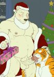  2016 anthro anthro_on_anthro balls blush christmas christmas_tree clothed clothing fake_beard felid fellatio gift hat holidays licking looking_down looking_up male male/male mammal maxima navel open_shirt oral pantherine pecs penis penis_lick pubes ribbons santa_coat santa_hat sex smile snow tiger tongue tongue_out tree ursid window 