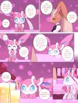  2019 ambiguous_gender anthro blue_eyes bow breasts brown_fur canid canine clothed clothing comic crossed_arms dialogue digital_media_(artwork) eeveelution english_text female fur group head_on_hand hi_res inside km-15 lagomorph lopunny mammal nintendo pok&eacute;mon pok&eacute;mon_(species) ribbons sitting sweat sweatdrop sylveon teeth text umbreon video_games waiter wine_bottle 