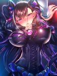  1girl against_wall bangs black_dress blush breasts brown_hair double_bun dress erect_nipples eyebrows_visible_through_hair face-to-face fate/grand_order fate_(series) frills hair_between_eyes hair_ornament large_breasts long_hair long_sleeves looking_at_another looking_at_viewer murasaki_shikibu_(fate) out_of_frame pov puffy_sleeves purple_eyes silly_(marinkomoe) solo solo_focus sweatdrop very_long_hair wall_slam 