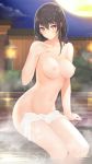  1girl black_hair blush breasts closed_mouth cloud collarbone commentary_request full_moon giba_(out-low) highres long_hair looking_at_viewer medium_breasts moon navel night night_sky nipples nude onsen original outdoors partially_submerged pink_eyes sky solo steam towel water wet 