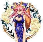  1girl afuro animal_ear_fluff animal_ears bare_shoulders blush breasts china_dress chinese_clothes cleavage dress eyebrows_visible_through_hair fate/grand_order fate_(series) floral_background fox_ears fox_girl fox_tail gloves hair_ornament hair_ribbon large_breasts looking_at_viewer pink_hair ribbon smile solo tail tamamo_(fate)_(all) tamamo_no_mae_(fate) white_gloves yellow_eyes 