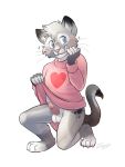  &lt;3 2019 animal_genitalia anthro balls barbed_penis biting_lip blue_eyes blush bottomless claws clothed clothing digital_media_(artwork) domestic_cat egyptian_mau embarrassed erection eyewear felid feline felis glasses hi_res jonas male mammal penis shy smile solo sweater toe_claws whiskers 