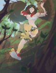  avian blue_eyes breasts clothing detailed_background falling female forest hair harpy human mammal midriff navel nipples otherwords panties redshift solo talons torn_clothing transformation tree underwear 