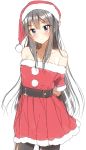  1girl arms_behind_back belt_buckle black_hair buckle cowboy_shot hair_ornament hairclip hat highres long_hair looking_at_viewer pantyhose purple_eyes sakurajima_mai santa_costume santa_hat seishun_buta_yarou sketch solo standing white_background 