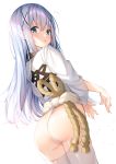  1girl :o bangs blue_eyes clothes_writing commentary_request eyebrows_visible_through_hair flying_sweatdrops fundoshi gochuumon_wa_usagi_desu_ka? hair_between_eyes hair_ornament highres japanese_clothes kafuu_chino light_blue_hair long_hair looking_at_viewer looking_back no_pants open_mouth shiero. shiny shiny_hair shirt simple_background solo standing straight_hair thighhighs white_background white_legwear white_shirt wide_sleeves x_hair_ornament 