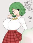  breasts collared_shirt commentary_request fang flower green_hair kazami_yuuka large_breasts long_sleeves open_mouth parasol plaid plaid_skirt red_eyes shirt short_hair skirt smile touhou umbrella unadare white_shirt yellow_neckwear yorigami_shion 