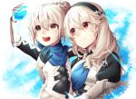  2girls armor black_hairband blue_scarf closed_mouth female_my_unit_(fire_emblem_if) fire_emblem fire_emblem_if hair_bun hairband holding kanna_(fire_emblem_if) long_hair multiple_girls my_unit_(fire_emblem_if) nintendo open_mouth pointy_ears red_eyes scarf smile stone tida_2112 upper_body white_hair 