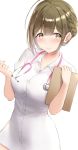  1girl ahoge blush braid breasts brown_eyes brown_hair buttons bvucki36gzoeq1c collared_dress dress hands_up holding idolmaster idolmaster_shiny_colors kuwayama_chiyuki large_breasts looking_at_viewer nurse short_hair short_sleeves sidelocks simple_background smile solo stethoscope upper_body white_background white_dress 
