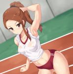  0byte 1girl adjusting_hair arm_up armpits bare_arms bare_shoulders blurry blurry_background blush breasts brown_hair buruma closed_mouth collarbone contrapposto depth_of_field double_vertical_stripe dutch_angle forehead idolmaster idolmaster_(classic) idolmaster_2 long_hair looking_at_viewer medium_breasts minase_iori navel nipples ponytail red_buruma red_eyes see-through shirt single_sidelock solo stomach sweat track_and_field v-shaped_eyebrows wet wet_clothes wet_shirt 