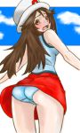  1girl ass bangs bare_shoulders blue_(pokemon) blue_panties blue_shirt blue_sky blush breasts brown_eyes brown_hair cloud cowboy_shot creatures_(company) day embarrassed fang female from_behind game_freak hat highres long_hair looking_at_viewer looking_back mal_(malmlamal) matching_hair/eyes medium_breasts miniskirt nintendo nose_blush open_mouth outdoors panties pokemon pokemon_(game) pokemon_frlg red_skirt shirt simple_background skirt sky sleeveless sleeveless_shirt solo standing underwear white_background white_headwear 