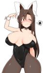  animal_ears bare_shoulders black_leotard blush bow breasts brown_eyes brown_hair brown_legwear bunny_ears bunnysuit cleavage commentary_request embarrassed imaizumi_kagerou large_breasts leotard pantyhose spoken_squiggle squiggle strapless strapless_leotard touhou unadare wolf_ears wrist_cuffs 