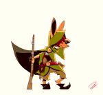  2018 anthro clothed clothing fantasy fully_clothed gun hare hi_res hunter lagomorph male mammal musket penta_the_cat rabbit ranged_weapon red_eyes signature simple_background solo weapon white_background 