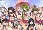  6+girls absurdres adapted_costume ahoge akigumo_(kantai_collection) asashimo_(kantai_collection) beach bikini bikini_skirt black_hair blue-framed_eyewear blue_eyes blue_sky blush bob_cut bow bowtie braid breasts brown_eyes brown_hair choker cleavage cloud crab day double_bun glasses green_eyes green_hair grey_eyes grey_hair hair_between_eyes hair_over_one_eye hair_ribbon hand_up hayashimo_(kantai_collection) highres holding holding_beachball holding_umbrella kanmiya_shinobu kantai_collection kazagumo_(kantai_collection) kiyoshimo_(kantai_collection) large_breasts leg_up long_hair looking_at_another looking_at_viewer low_twintails makigumo_(kantai_collection) medium_breasts mole mole_under_mouth multicolored_hair multiple_girls naganami_(kantai_collection) navel ocean okinami_(kantai_collection) open_mouth outdoors pink_hair ponytail ribbon sand short_hair siblings side_ponytail sidelocks silver_eyes silver_hair single_braid sisters sky smile stomach swimsuit takanami_(kantai_collection) thigh_strap tsurime twintails umbrella very_long_hair yuugumo_(kantai_collection) 