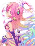  1girl angel_wings arms_behind_back breasts closed_mouth commentary_request crop_top cross feathered_wings gloves gradient_eyes gradient_hair halo highres jibril_(no_game_no_life) long_hair looking_at_viewer low_wings magic_circle medium_breasts midriff multicolored multicolored_eyes multicolored_hair no_game_no_life orange_eyes pink_hair sideboob smile solo symbol-shaped_pupils tattoo very_long_hair white_wings wing_ears wings yellow_eyes yuiti43 