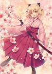  1girl :d ahoge arm_guards bangs black_bow blonde_hair blush boots bow brown_footwear commentary_request cross-laced_footwear eyebrows_visible_through_hair fate/grand_order fate_(series) flower hair_between_eyes hair_bow hakama hand_up head_tilt highres holding holding_sheath japanese_clothes katana kimono koha-ace lace-up_boots long_sleeves looking_at_viewer okita_souji_(fate) okita_souji_(fate)_(all) open_mouth petals pink_flower pink_kimono red_hakama sato_ame sheath sheathed smile solo sword weapon wide_sleeves yellow_eyes 