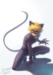  1boy adrien_agreste animal_ears bell blonde_hair bodysuit cat_ears chat_noir gloves grin male_focus mask miraculous_ladybug short_hair simple_background smile solo sommimi tail teeth yellow_eyes 