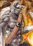  abs anthro biceps canid canine canis claws clothed clothing demon fire grin iratu_elexion looking_at_viewer male mammal manpersonguy mrease muscular muscular_male painting_(artwork) pecs slightly_damned smile solo traditional_media_(artwork) watercolor_(artwork) wolf 