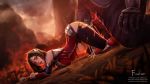  all_fours bare_shoulders breast_press brown_hair circlet clenched_teeth cum day dutch_angle firolian highres ionia irelia large_insertion league_of_legends lips mountain outdoors overflow smoke stomach_bulge teeth top-down_bottom-up torn_clothes 