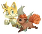  2019 absurd_res ambiguous_gender anthro black_nose blue_eyes bluekomadori canid canine clothing crossover dipstick_tail duo feral footwear fox fur gloves hi_res male mammal miles_prower multicolored_tail nintendo pok&eacute;mon pok&eacute;mon_(species) red_fur simple_background smile sonic_(series) video_games vulpix white_fur yellow_fur 