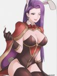  1girl absurdres alternate_costume animal_ears black_gloves black_legwear breasts bunny_ears bunny_tail cape cleavage earrings fake_animal_ears fake_tail fire_emblem fire_emblem_echoes:_mou_hitori_no_eiyuuou fire_emblem_heroes gloves grey_background highres jewelry long_hair medium_breasts nintendo one_eye_closed purple_hair simple_background solo sonia_(fire_emblem_gaiden) tail the_kingduke twitter_username 