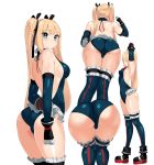  1girl ass bare_shoulders black_ribbon blonde_hair blue_eyes blue_legwear blue_leotard blush breasts covered_navel dead_or_alive dead_or_alive_5 detached_sleeves frilled_leotard frills from_behind hair_ornament hair_ribbon leotard long_hair looking_at_viewer looking_back marie_rose multiple_views ribbon shiny shiny_hair shiny_skin sia_namsbinpeni simple_background small_breasts standing twintails white_background x_hair_ornament 