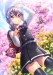  1girl alternate_costume asashio_(kantai_collection) asashio_(kantai_collection)_(cosplay) backpack bag bangs belt black_legwear blue_eyes blue_hair blue_sky blush bug butterfly buttons cherry_blossoms cloud commentary_request cosplay dress enemy_lifebuoy_(kantai_collection) eyebrows_visible_through_hair flower gotland_(kantai_collection) hair_between_eyes hair_bun hand_up insect kantai_collection kyon_(fuuran) long_hair long_sleeves looking_at_viewer mole mole_under_eye neck_ribbon open_mouth outdoors petals pinafore_dress pouch randoseru red_neckwear red_ribbon remodel_(kantai_collection) ribbon school_uniform sheep shirt sky smile standing thighhighs tree white_shirt yellow_flower younger 