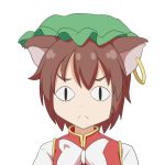  &lt;|&gt;_&lt;|&gt; 1girl :c animal_ears brown_hair cat_ears cato_(monocatienus) chen commentary eyebrows_visible_through_hair face frown hat jewelry looking_at_viewer portrait short_hair simple_background single_earring solo touhou white_background 