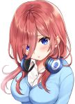  1girl :t bangs blue_cardigan blue_eyes blush breasts buttons closed_mouth collared_shirt go-toubun_no_hanayome hair_between_eyes hair_over_one_eye headphones headphones_around_neck highres large_breasts long_hair looking_at_viewer nakano_miku nazuna_shizuku pout red_hair school_uniform shirt sidelocks simple_background solo upper_body white_background white_shirt 