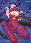  breasts capcom earrings female full_body gradient gradient_background jewelry large_breasts morrigan_aensland_(cosplay) papepox2 rose rose_(street_fighter) solo street_fighter vampire_(game) 