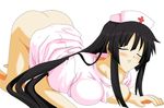  akiyama_mio ass asu bad_anatomy black_hair blush bottomless breasts butt_crack closed_eyes cosplay embarrassed k-on! large_breasts no_panties nurse solo top-down_bottom-up white_background 