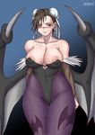  black_hair breasts capcom chun-li cosplay earrings female gradient gradient_background jewelry large_breasts morrigan_aensland_(cosplay) nipples pantyhose papepox2 solo street_fighter vampire_(game) 