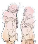  ... 1boy 1girl ^_^ anastasia_(fate/grand_order) bangs blush closed_eyes closed_mouth coat cowboy_shot eighth_note eyes_closed facing_another fate/grand_order fate_(series) fur-trimmed_coat fur_hat fur_trim hair_between_eyes hand_in_pocket hands_in_opposite_sleeves hat highres kadoc_zemlupus long_hair monochrome musical_note profile simple_background smile sofra spoken_ellipsis spoken_musical_note very_long_hair white_background 