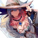 1girl bangs blue_hair blurry blurry_background breasts chains character_request cleavage closed_mouth commentary_request detached_sleeves dress dutch_angle from_above fur_collar grimms_echoes hair_between_eyes hat jewelry large_breasts long_hair one_eye_closed pendant red_eyes solo walzrj white_dress witch_hat 
