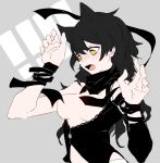  1girl animal_ears bangs bare_shoulders black_hair blake_belladonna blush breasts breasts_outside cat_ears convenient_censoring esu_(transc) extra_ears fang hair_between_eyes hands_up long_hair medium_breasts nose_blush open_mouth rwby solo surprised teeth upper_body yellow_eyes 